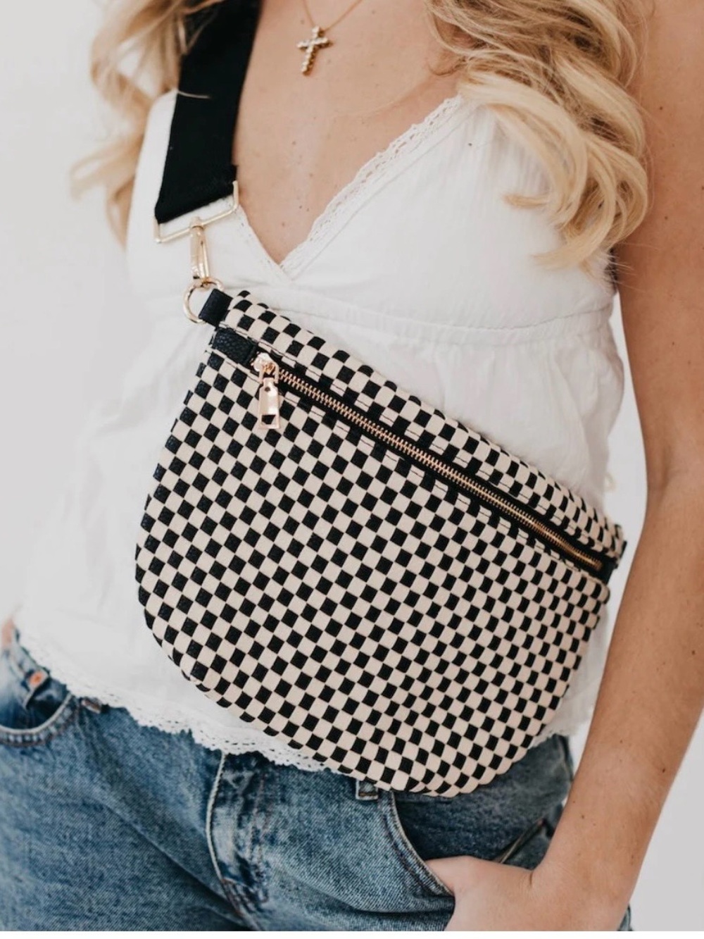 Pretty Simple Westlyn Woven Bum Bag Checkered Black Crossbody
